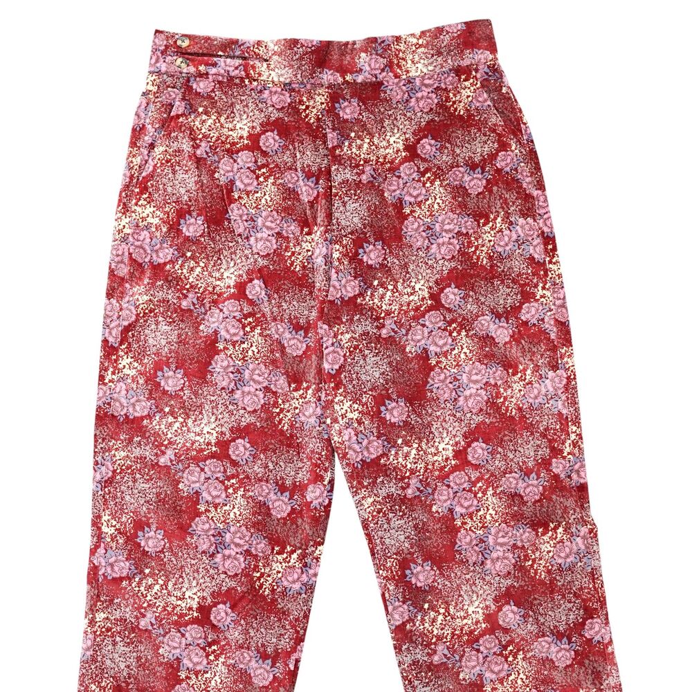 Mens 32 Gurkha Pants Red Pink Floral Velvet High Waist Flat Front Retro Wedding